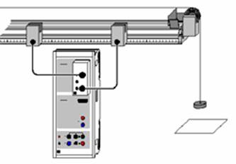 Technische Zeichnung eines automatisierten Systems mit einer horizontalen Schiene, an der ein Steuergerät und ein bewegliches Element aufgehängt sind. Das Steuergerät zeigt verschiedene Tasten und Anschlüsse in unterschiedlichen Farben. Ein Blatt Papier hängt unter dem beweglichen Element.
