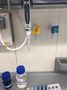 Ein Labortisch mit einem digitalen Pipettierer, der an einer Wandhalterung hängt. Daneben befinden sich zwei Farbkappen in Gelb und Blau für Flüssigkeitsbehälter. Auf dem Tisch stehen mehrere kleine Flaschen, darunter eine mit Wasser, und eine Reihe von Reagenzgläsern in einem Halter. Der Hintergrund zeigt weiße Fliesen.