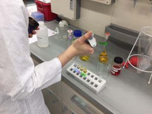 Eine Person in einem Laborkittel hält ein Messinstrument in der Hand und führt einen Test an einer Reihe von Reagenzgläsern durch. Auf der Arbeitsfläche sind mehrere Flaschen mit verschiedenen Flüssigkeiten und ein Tablett mit farbigen Proben. Der Hintergrund zeigt Laborausrüstung und Arbeitsmaterialien.