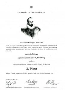 Zertifikat des Fachverbands Philosophie e.V. mit der Auszeichnung für Antonia König, Gymnasium Rahelstraße, Hamburg, für den 3. Platz im Landeswettbewerb 