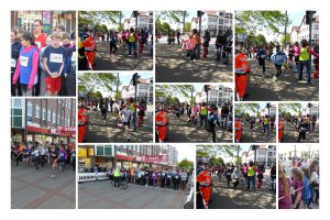Collage von mehreren Bildern, die eine Laufveranstaltung zeigen. Auf den Bildern sind zahlreiche Teilnehmer in sportlicher Kleidung zu sehen, die auf einer Straße laufen oder sich auf den Start vorbereiten. Einige Teilnehmer tragen Nummernschilder. Es sind auch Helfer und Zuschauer anwesend, die die Läufer unterstützen. Die Umgebung zeigt städtische Gebäude und Bäume, die für eine freundliche Atmosphäre sorgen.
