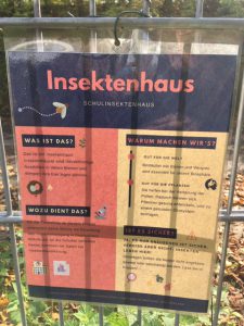 Ein Informationsschild über ein Insektenhaus. Der obere Teil trägt den Titel 