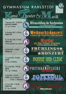 Ein Veranstaltungsplakat des Gymnasiums Rahlstedt, das verschiedene Kunst-, Theater- und Musikveranstaltungen auflistet. Die Termine und Titel der Veranstaltungen sind in bunten Schriftarten und mit Symbolen dargestellt. Die Veranstaltungen umfassen unter anderem ein Weihnachtskonzert, ein Frühlingskonzert und eine Theateraufführung mit dem Titel 