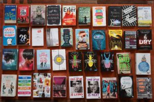 Eine Übersicht von 36 Buchcovern, die in mehreren Reihen angeordnet sind. Die Cover zeigen verschiedene Farben und Designs, mit Titeln und Autoren, die auf den Buchrücken und Vorderseiten abgebildet sind. Die Bücher scheinen verschiedene Genres zu repräsentieren, darunter Belletristik und Jugendromane. Der Hintergrund ist aus Holz, was einen warmen, einladenden Eindruck vermittelt.