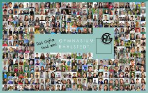 Collage von vielen Porträtfotos von Schülern und Lehrern des Gymnasiums Rahlstedt. In der Mitte steht der Text: 