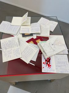 Ein Tisch mit verstreuten Notizbüchern und Blättern, die handschriftliche Texte und Zeichnungen enthalten. Die Unterlage ist transparent und der Boden ist grau. Einige Seiten sind offen, während andere geschlossen sind, was eine kreative und chaotische Anordnung zeigt.