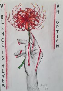 Eine handgezeichnete Illustration zeigt eine menschliche Hand, die eine rote Blume hält. Die Blume hat lange, geschwungene Blütenblätter. An der Hand sind rote Farbspritzer zu sehen, die wie Blut wirken. Links und rechts des Motivs steht in großen Buchstaben der Text: 