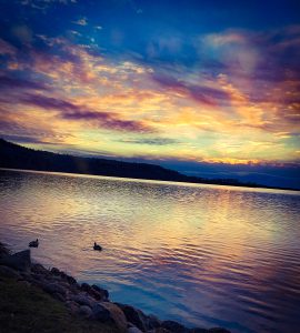 Ein malerischer Sonnenuntergang über einem ruhigen See, mit sanften Wellen, die das farbenfrohe Licht des Himmels reflektieren. Am Ufer sind einige Steine und Gräser zu sehen, während zwei Enten im Wasser schwimmen. Der Himmel zeigt eine Mischung aus orange, lila und blau.