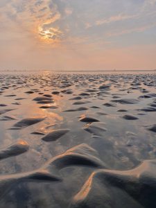 Sonnenuntergang über einem flachen, glatten Meer mit sanften Wellen und reflektierenden Lichtspielen auf der Wasseroberfläche. Die Landschaft zeigt eine ruhige, natürliche Küstenumgebung.