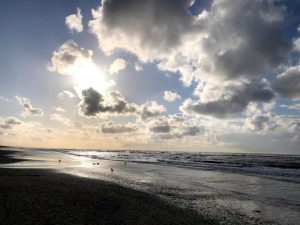 Ein ruhiger Strand mit sanften Wellen, die das Ufer erreichen. Die Sonne steht tief am Himmel und strahlt durch eine Wolkendecke, während einige Vögel am Strand umherlaufen. Der Himmel ist in sanften Blau- und Grautönen gehalten.