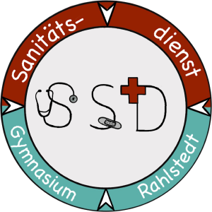 Rundes Logo des Sanitätsdienstes des Gymnasiums Rahlstedt. In der Mitte sind die Buchstaben 