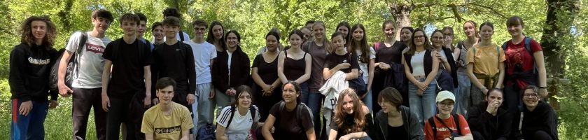 Gruppe von etwa 40 Personen, die auf einer Wiese im Freien steht, umgeben von Bäumen. Die Teilnehmer sind unterschiedlich gekleidet und posieren für das Foto. Es ist ein sonniger Tag mit blauem Himmel.
