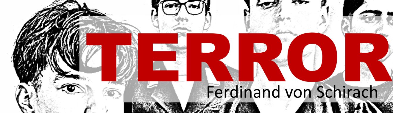 Schwarz-weiße Zeichnung von mehreren Gesichtern, die in verschiedenen Perspektiven dargestellt sind, mit dem großen, roten Schriftzug "TERROR" und dem Untertitel "Ferdinand von Schirach".