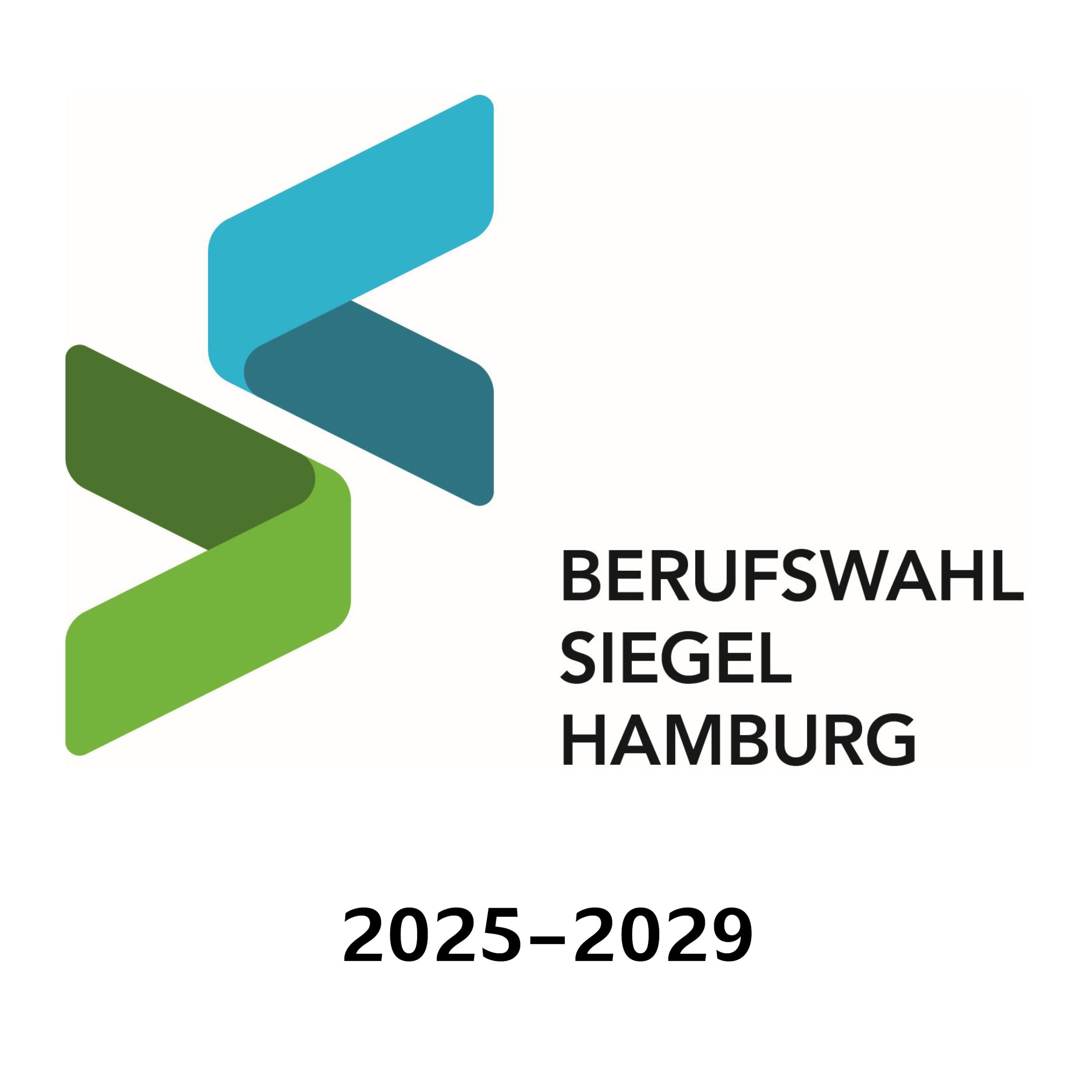 Logo des Berufswahl-Siegels Hamburg, bestehend aus stilisierten, farbigen Pfeilen in Blau und Grün, mit dem Text "BERUFSWAHL SIEGEL HAMBURG" und dem Zeitraum "2025–2029" darunter.