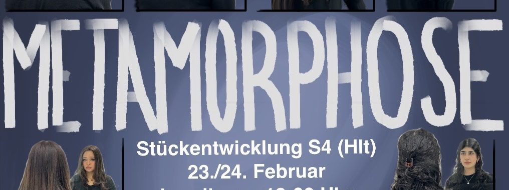 Text auf dem Bild: "METAMORPHOSE" in großen, weißen Buchstaben auf einem blauen Hintergrund.
