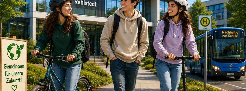 Das Bild zeigt den Schriftzug "Klimafreundlicher Schulweg" in grüner Schrift auf weißem Hintergrund. Links ist eine Sonne abgebildet, und rechts befindet sich ein blauer Kreis mit dem Text "Mach mit bei unserer Schul-Challenge!"