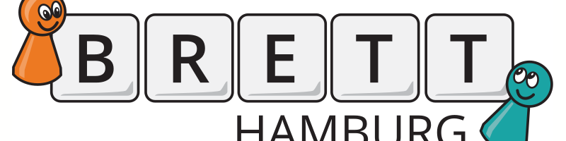 Logo von "Brett Hamburg", bestehend aus dem Wort "BRETT" in großen Buchstaben, umgeben von zwei bunten Spielfiguren in Orange und Türkis, die freundlich lächeln.