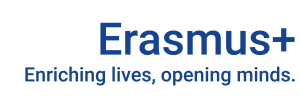 Erasmus+ Logo mit dem Slogan "Enriching lives, opening minds." in blauer Schrift.