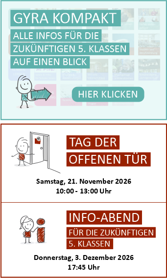 Bild zeigt eine Webseite mit Informationen für zukünftige fünfte Klassen. Oben steht "GYRA KOMPAKT" mit dem Hinweis auf alle Infos auf einen Blick und einem Button "HIER KLICKEN". Darunter sind zwei Veranstaltungen aufgelistet: "TAG DER OFFENEN TÜR" am Samstag, 21. November 2026, von 10:00 bis 13:00 Uhr, und "INFO-ABEND" für zukünftige fünfte Klassen am Donnerstag, 3. Dezember 2026, um 17:45 Uhr. Illustrationen von Figuren sind neben den Texten zu sehen.